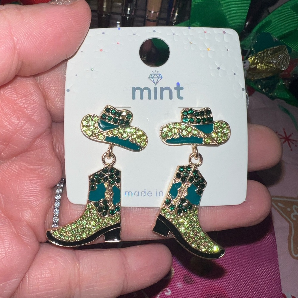 Mint Sparkling Green and Black Cowboy Hat and Boot Earrings